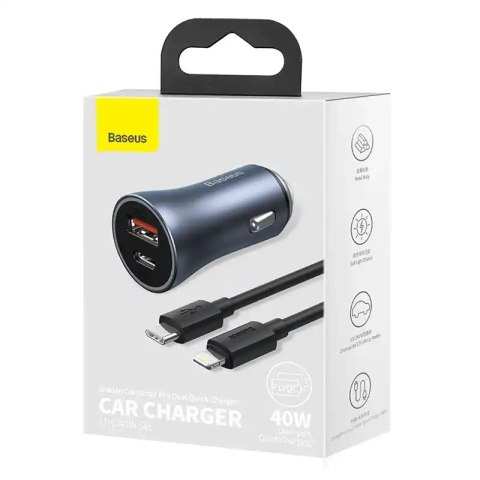 Ładowarka samochodowa Baseus Golden Contactor Pro, USB + USB-C, QC4.0+, PD, SCP, 40W (szara) + kabel USB-C do iP 1m (czarny)