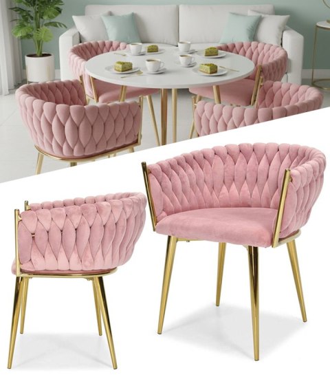 Krzesło Welurowe Różowe GLAMOUR - Złote Nogi Pleciony Nowoczesny