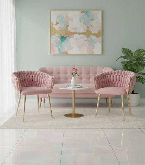 Krzesło Welurowe Różowe GLAMOUR - Złote Nogi Pleciony Nowoczesny