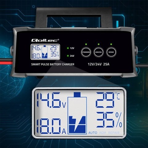 Mikroprocesorowa ładowarka 12V 24V 25A | Prostownik z funkcją naprawy do akumulatora AGM GEL SLA | LCD