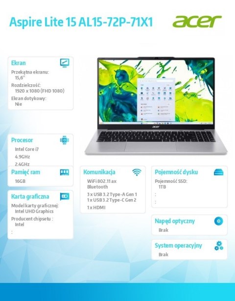 Notebook Aspire Lite 15 AL15-72P-71X1 i7-13620H, 15.6, FHD IPS, 16GB DDR5, 1TB SSD, NoOS