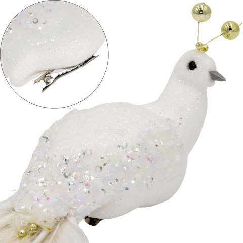 PTASZEK DEKORACYJNY NA KLIPSIE 38CM BIAŁO ZŁOTY