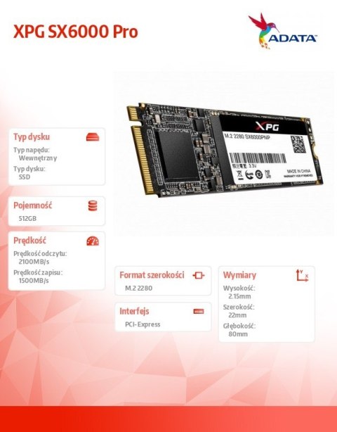 Dysk SSD XPG SX6000 Pro 512GB PCIe 3x4 2.1/1.5 GB/s M2