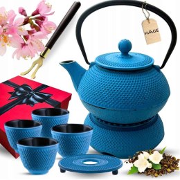 ZAPARZACZ ŻELIWNY DZBANEK NIEBIESKI 900ml Z PODGRZEWACZEM i FILIŻANKAMI PREZENT