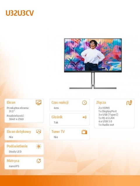 Monitor U32U3CV 31.5 cala Nano IPS 4K HDMIx2 DP USB-C RJ45 KVM Pivot Głośnik