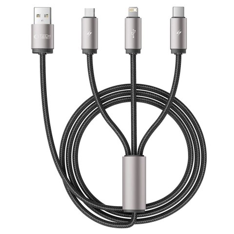 Kabel przewód 3w1 USB-A - Lightning / USB-C / micro USB 1m - szary