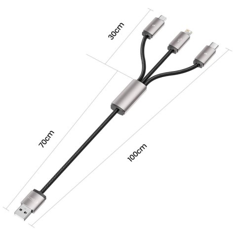 Kabel przewód 3w1 USB-A - Lightning / USB-C / micro USB 1m - szary