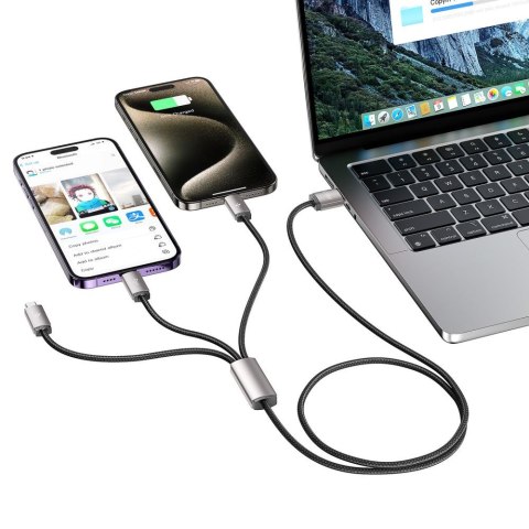 Kabel przewód 3w1 USB-A - Lightning / USB-C / micro USB 1m - szary