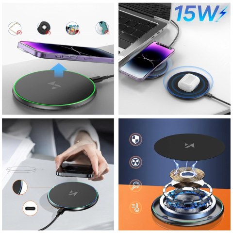 Ładowarka indukcyjna bezprzewodowa Qi z kablem USB-C 15W - czarny