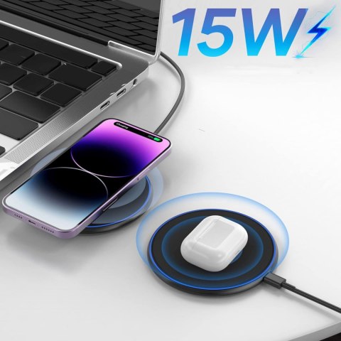 Ładowarka indukcyjna bezprzewodowa Qi z kablem USB-C 15W - czarny