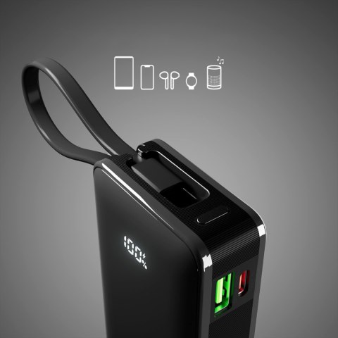 Powerbank 10000mAh USB-A USB-C z wyświetlaczem wbudowanym kablem USB-C 20W - czarny