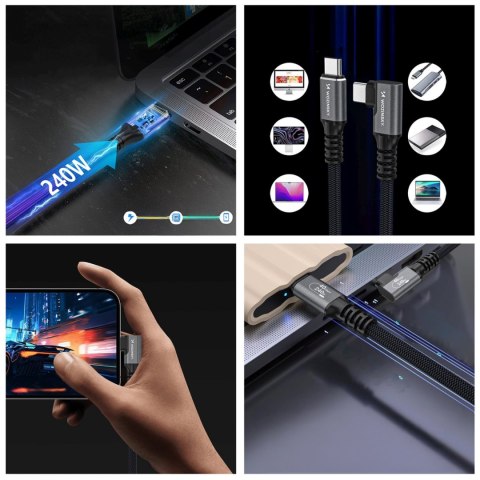 Kabel przewód kątowy USB-C Thunderbolt 4 240W 1.5m 4K - czarny