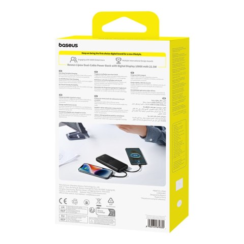 Powerbank 10000mAh 22.5W z wyświetlaczem kablami USB-C iPhone Lightning Lipow - czarny