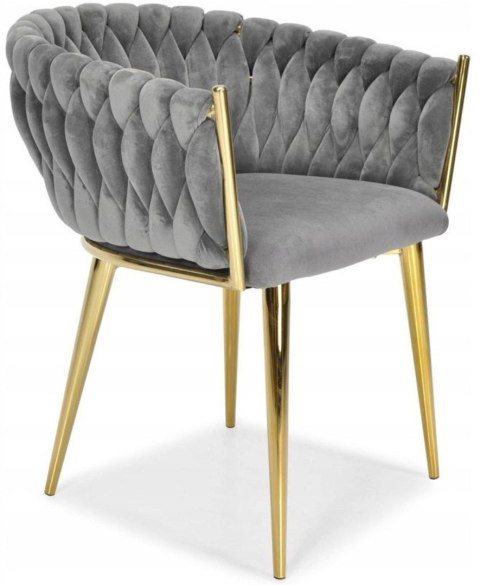 Krzesło Welurowe Szare GLAMOUR - Złote Nogi Pleciony Nowoczesny