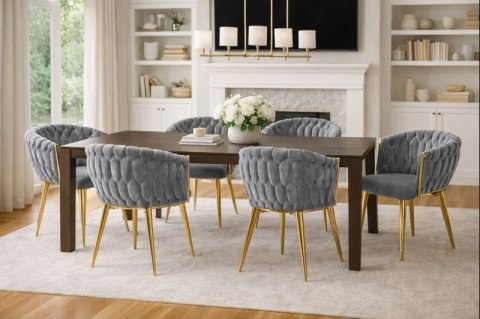 Krzesło Welurowe Szare GLAMOUR - Złote Nogi Pleciony Nowoczesny