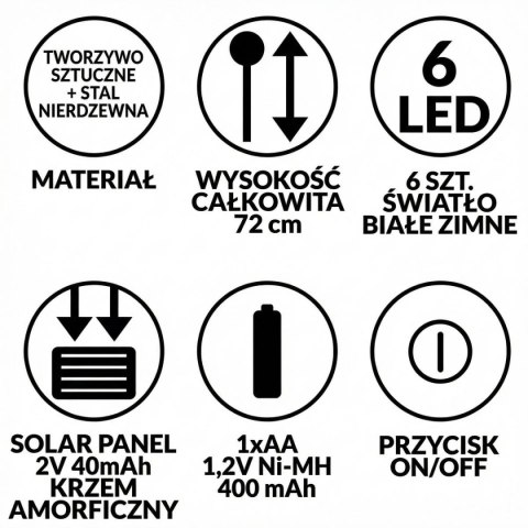 LAMPA SOLARNA TAŃCZĄCE NA WIETRZE KULECZKI BIAŁE 6 LED 72CM ZIMNY BIAŁY