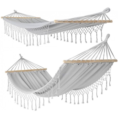 HAMAK OGRODOWY 2 OSOBOWY 200X150CM Z DRĄŻKIEM I Z FRĘDZLAMI MIAMI SZARY 1041476