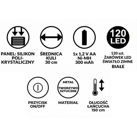 LAMPA SOLARNA WISZĄCA KULA 30CM 120 LED ZIMNY BIAŁY