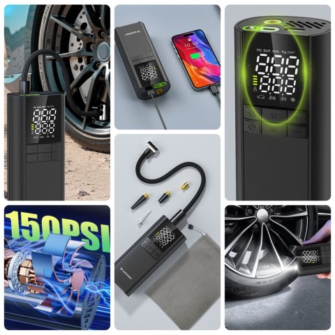 Kompresor pompka elektryczna powerbank latarka 150 PSI 8000mAh - czarny