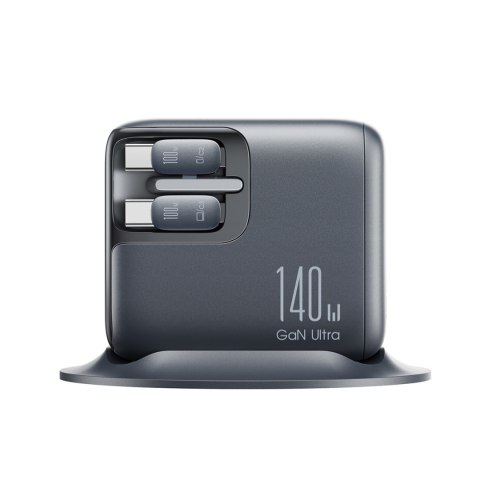 Ładowarka biurkowa 5 portów 2 zwijane kable GaN 140W - szara