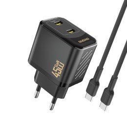 Ładowarka sieciowa 2xUSB-C z kablem USB-C GaN PD 45W - czarna