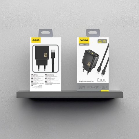 Ładowarka sieciowa USB-A USB-C z kablem USB-C GaN PD 30W - czarna