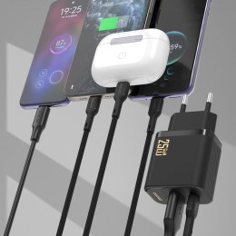 Ładowarka sieciowa USB-A USB-C z kablem USB-C GaN PD QC 25W - czarna