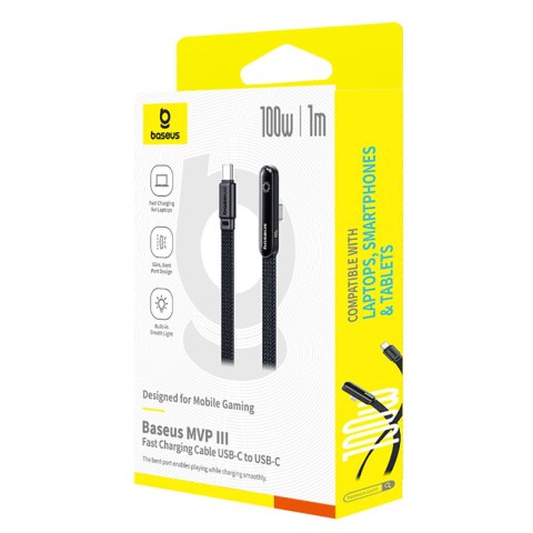 Kabel przewód kątowy z podświetlaną końcówką USB-C 100W 1m - czarny