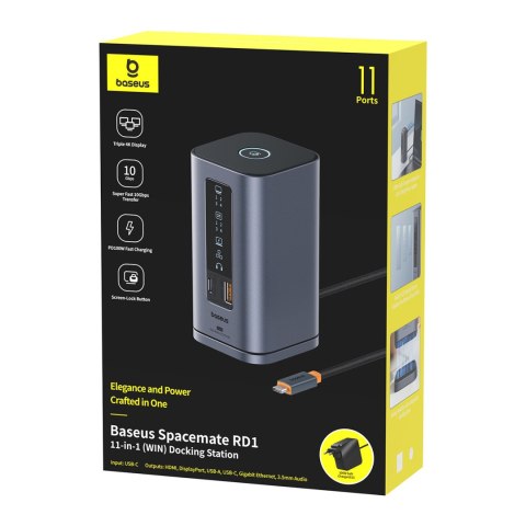 HUB Stacja dokująca 11w1 USB-C HDMI DP USB-A USB-C RJ45 PD mini jack 3.5mm ładowarka EU - szara