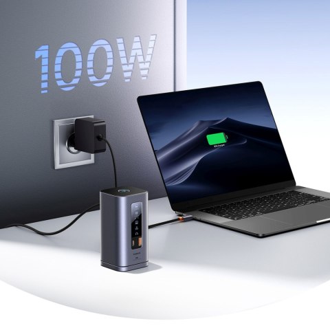 HUB Stacja dokująca 11w1 USB-C HDMI DP USB-A USB-C RJ45 PD mini jack 3.5mm ładowarka EU - szara