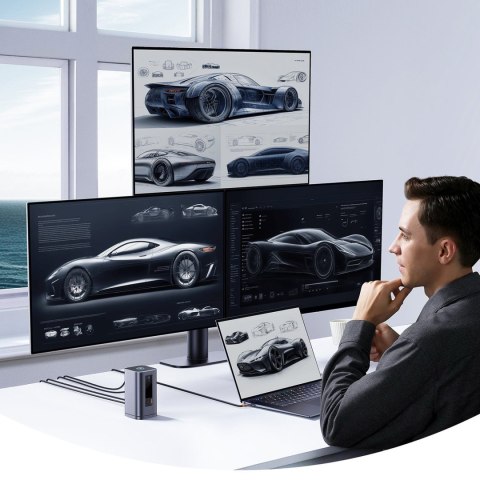 HUB Stacja dokująca 11w1 USB-C HDMI DP USB-A USB-C RJ45 PD mini jack 3.5mm ładowarka EU - szara