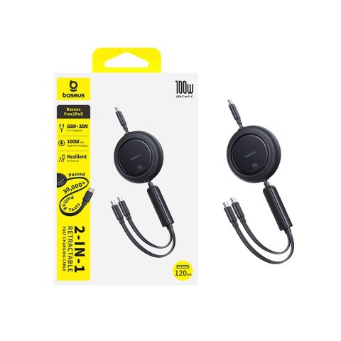 Kabel przewód zwijany 2w1 USB-C 100W 1.2m - czarny