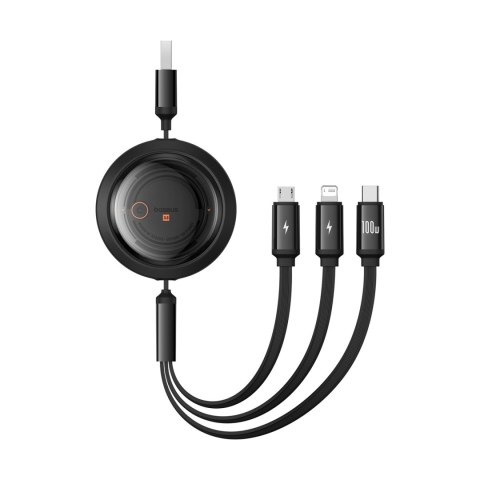 Kabel przewód zwijany 3w1 USB-A - MicroUSB/Lightning/USB-C 100W 1.1m - czarny