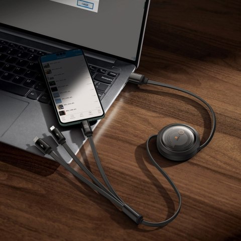 Kabel przewód zwijany 3w1 USB-A - MicroUSB/Lightning/USB-C 100W 1.1m - czarny