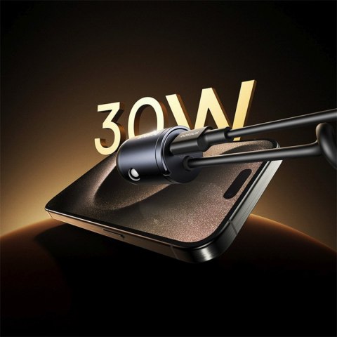 Ładowarka samochodowa USB-C z wbudowanym spiralnym kablem USB-C 30W - czarna