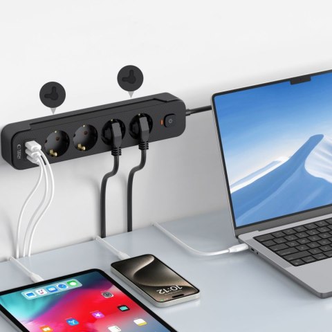 Listwa zasilająca przedłużacz 4 gniazda 240V USB-A USB-C 2m - czarna