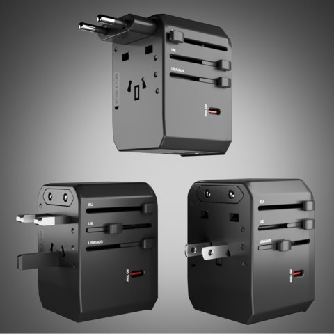 Adapter podróżny przejściówka do gniazdek EU UK US AUS USB-C USB-A GaN 70W - czarny