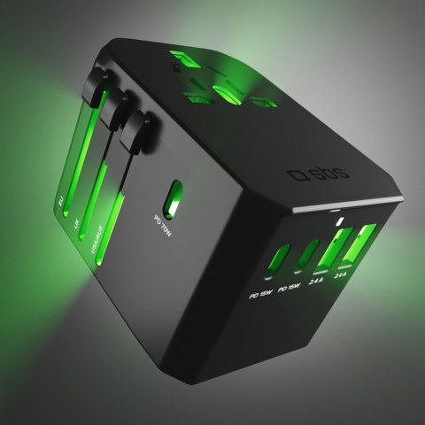 Adapter podróżny przejściówka do gniazdek EU UK US AUS USB-C USB-A GaN 70W - czarny