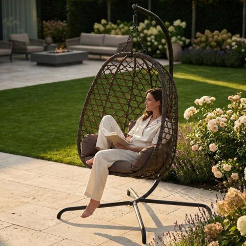 FOTEL WISZĄCY KOKON ZE STELAŻEM 195CM CIEMNO BRĄZOWY 120KG