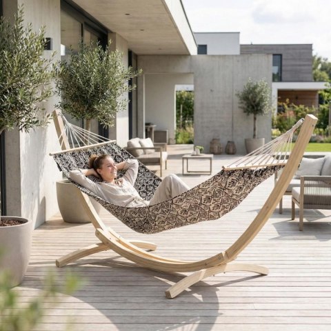 HAMAK OGRODOWY 1 OSOBOWY 200X100CM Z DRĄŻKIEM ETNO CZARNO-BIAŁY