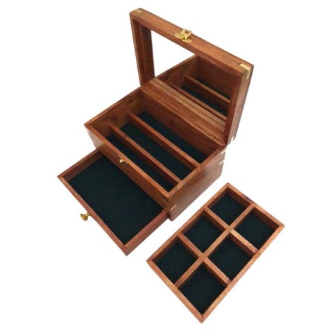 Duża Drewniana Szkatułka na Biżuterię - Organizer z Lusterkiem - DNU-022