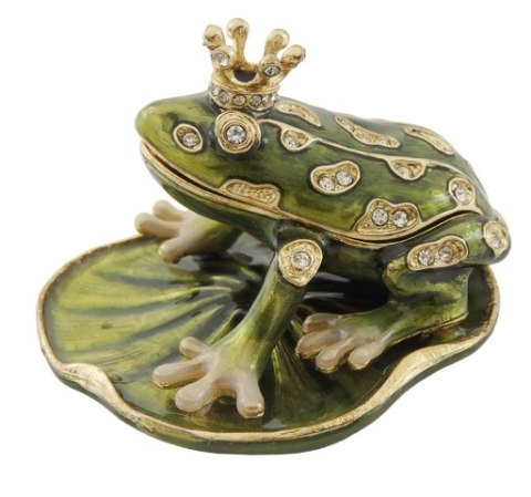 Ekskluzywne, bogato zdobione metalowe pudełeczko z kryształami - Żabka - B0746-54