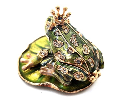 Ekskluzywne, bogato zdobione metalowe pudełeczko z kryształami - Żabka - B0746-54