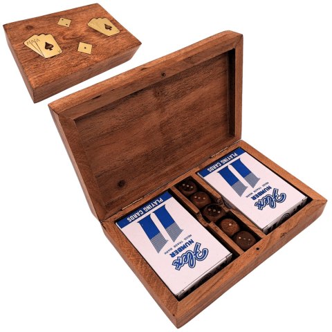 Dwie Talie Kart i Kości do Gry w Pudełku Drewnianym - DNU-2790