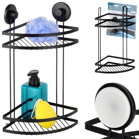 Półka pod prysznic do łazienki łazienkowa metalowa czarna na przyssawki narożna 2-poziomowa 24x18x38cm BATHROOM SOLUTIONS 567009