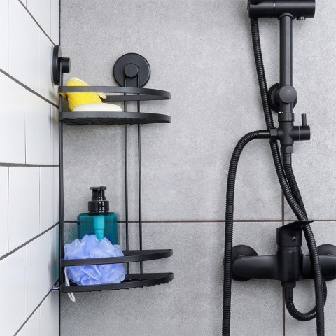 Półka pod prysznic do łazienki łazienkowa metalowa czarna na przyssawki narożna 2-poziomowa 24x18x38cm BATHROOM SOLUTIONS 567009