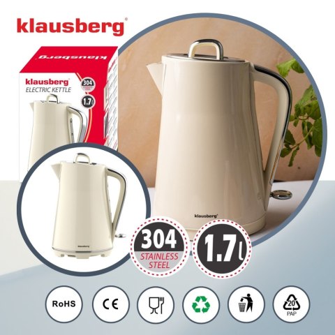 Czajnik elektryczny, stal nierdzewna, kremowy, 1,7L, 1850-2200W, KLAUSBERG, KB-9016