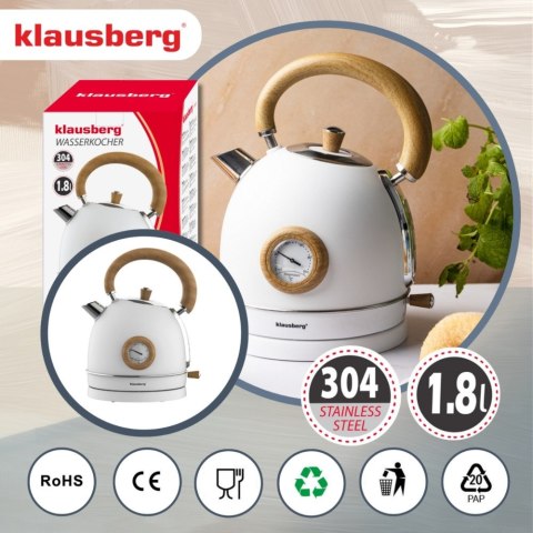 Czajnik elektryczny z termometrem, stal nierdzewna, biały z drewnem, 1,8L, 1850-2200W, KLAUSBERG, KB-9007