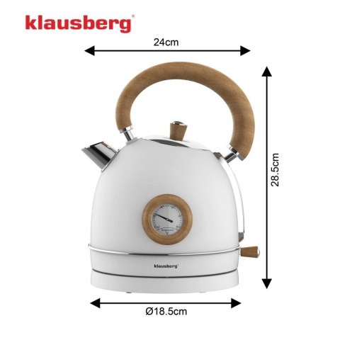 Czajnik elektryczny z termometrem, stal nierdzewna, biały z drewnem, 1,8L, 1850-2200W, KLAUSBERG, KB-9007