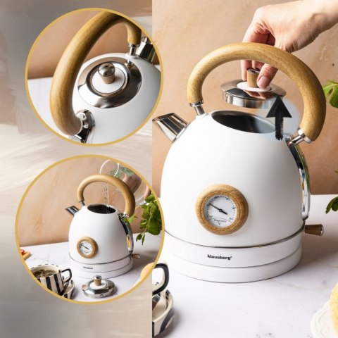 Czajnik elektryczny z termometrem, stal nierdzewna, biały z drewnem, 1,8L, 1850-2200W, KLAUSBERG, KB-9007